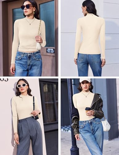 Ekouaer 3-Pack Women's Mock Turtleneck Long Sleeve Ribbed Tops - Medium Black/Beige/Brown