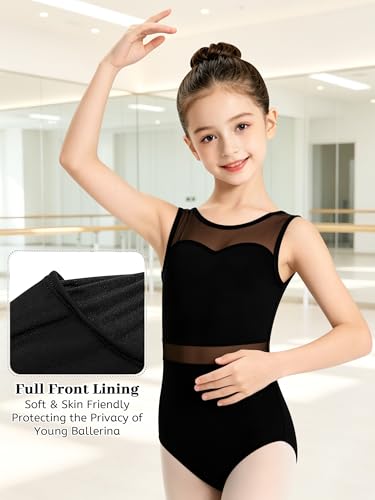 Girls Ballet Leotard Mesh Dance Top with Lining - Black, 10-12 Years