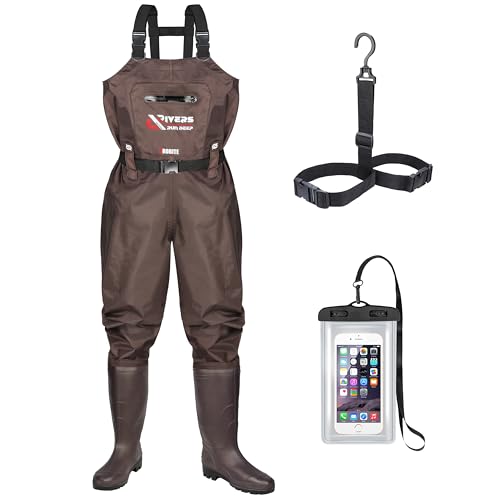 PROBITE 210D Nylon Waterproof Chest Waders with Boots, M8/W10, Brown