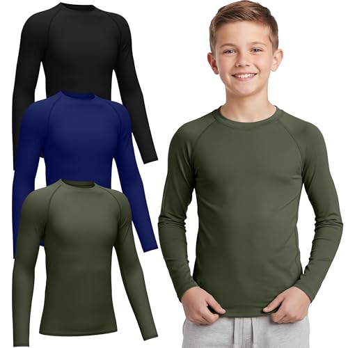 Boys' Compression Shirts - 3 Pack in Black, Royal Blue, Army Green - Medium