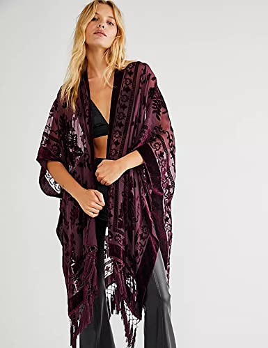 WeHello Women's Burgundy Burnout Velvet Kimono Cardigan with Tassels - Long Cover Up