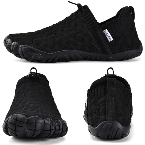 WateLves Water Shoes for Women Men Wide Toe Quick-Dry Anti-Slip Beach & Pool Shoes, Black, 8 Women / 7 Men