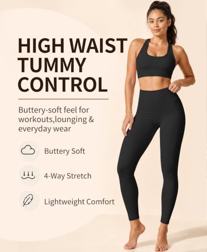 High Waisted Leggings for Women - Buttery Soft Yoga Pants with Two Pockets - Small-Medium - Black