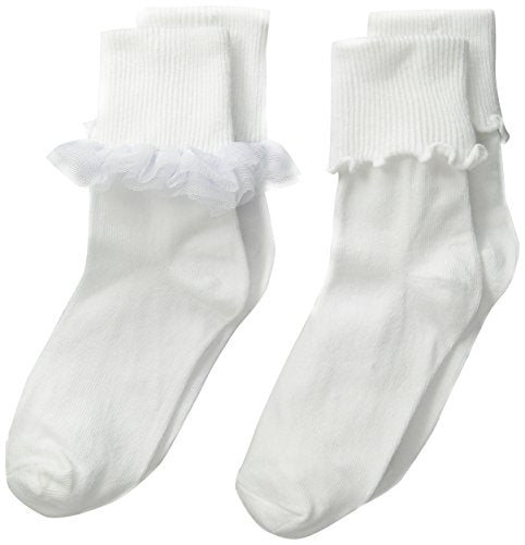 Jefferies Socks Girls' White Ruffle & Ripple Edge Turn Cuff Socks Pack of 2 - Small
