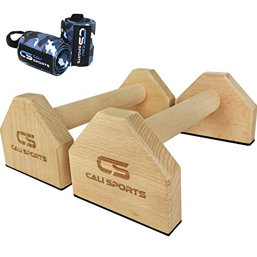 Wood Parallettes Push Up Bars - Cherry Wood with Wrist Wraps
