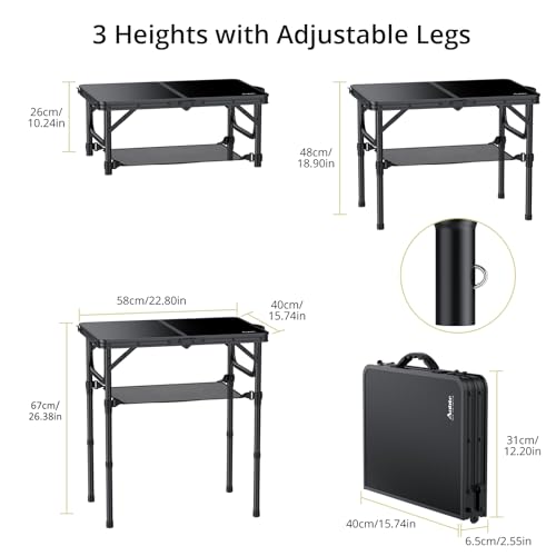 Anbte 2ft Folding Camping Table - Black, 24 x 16 in, 3 Adjustable Heights