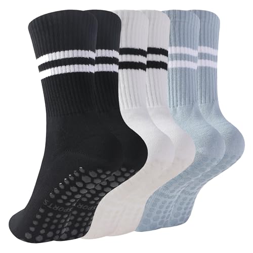 Non-Slip Pilates Grip Socks for Women - 3 Pack Black, White, Blue