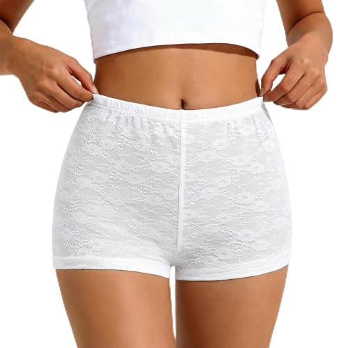 Floral Lace Booty Shorts - Women's Summer Mini Shorts, White Lace Flower, Medium