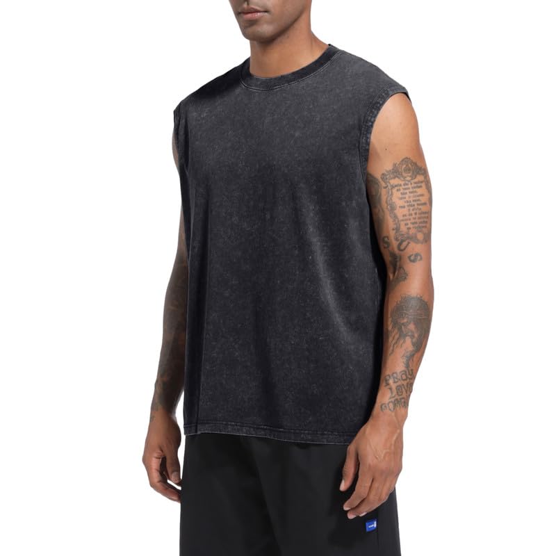 Mens Cotton Workout Tank Top - Sleeveless Muscle Shirt - Large - Black