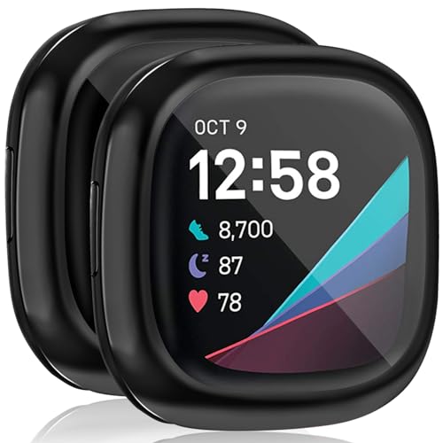 Soft TPU Screen Protector Case for Fitbit Sense & Versa 3 - 2 Pack Black