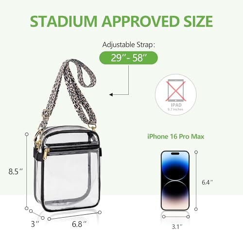 Clear Stadium Bag with Leopard Strap - 8.5x6.8x3 Inches
