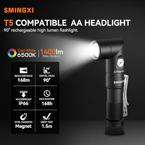 T5 1400 Lumens Rechargeable LED Flashlight, 90 Degree Adjustable Head, EDC Tactical Flashlight,Magnetic AA Pocket Work Light with Red Diffuser & Clip for Camping, Hiking, Emergency