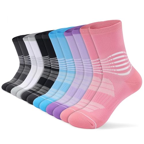IRAMY Compression Crew Socks Women Men 6 Pairs with Ankle Arch Support Plantar Fasciitis Relief - Medium, Pink/Purple/Blue/Black/White/Grey