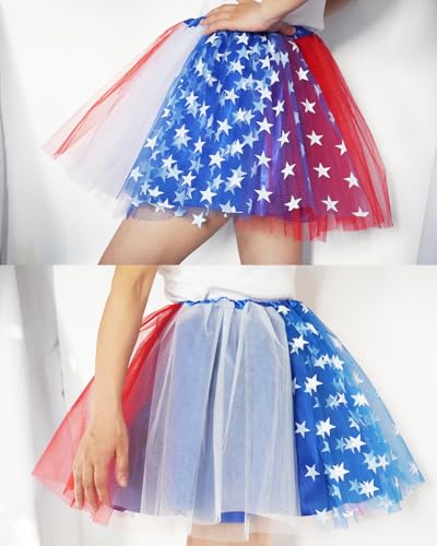 4-Layer Tulle Skirt for Women & Teens - Satin Lined - Large Red, Blue & White Star
