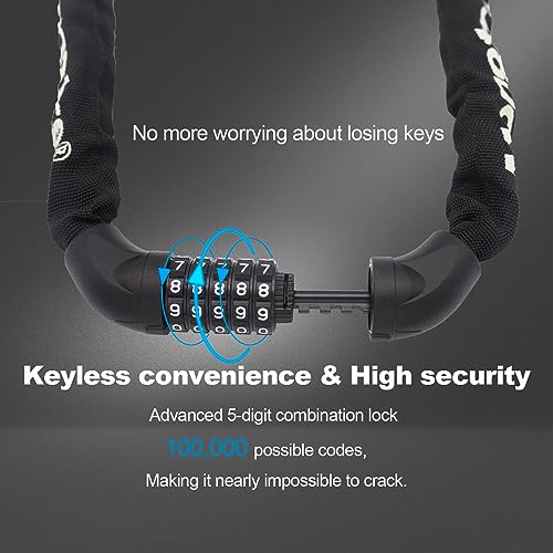 Monotre 3.9ft 5-Digit Resettable Bike Chain Lock - Keyless Anti-Theft for Bicycle, Motorcycle, Scooter (Black)