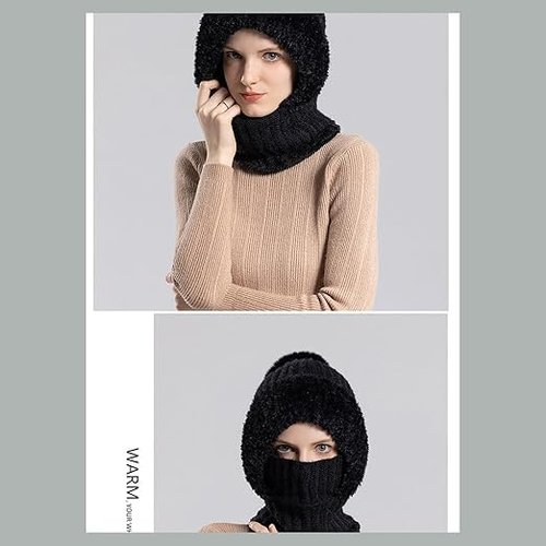 3 in 1 Beanie Hat with Scarf and Mask Winter Hat for Women Men Warm Knit Balaclava Scarf (Black)