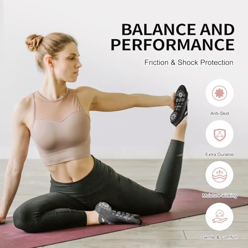 Non-Slip Pilates Yoga Socks for Women - 3 Pairs Purple, Pink & Green