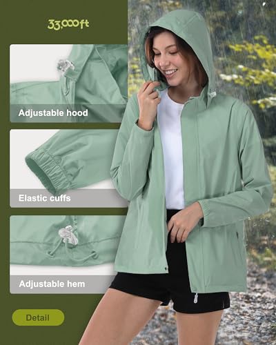 33,000ft Women’s Waterproof Rain Jacket - Lightweight Packable, Med, Light Green