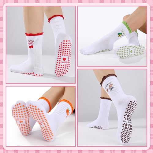 Non-Slip Pilates Grip Socks for Women - 6-Pair Set - Fruit & Ruffles