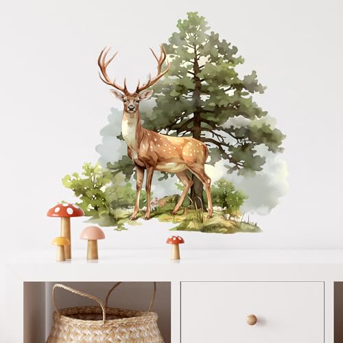 Standing Deer and Tree Wall Decal Nursery Forest Animal Wall Sticker Removable Peel and Stick Wall Art Decor for Kid Baby Classroom Preschool Living Room Playroom Bedroom School