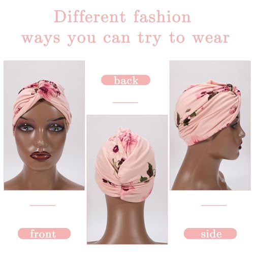 Printed Turbans for Women - Soft Pre-Tied Knot Head Wraps - Black & Pink