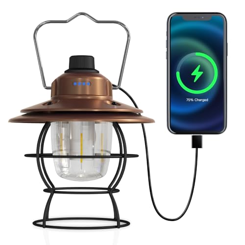 LED Camping Lantern Rechargeable Dimmable, Portable Vintage Outdoor Lantern 2700-6500K Waterproof, Hanging Retro Lamp Indoor Outdoor for Garden, Hiking, Emergency, Copper