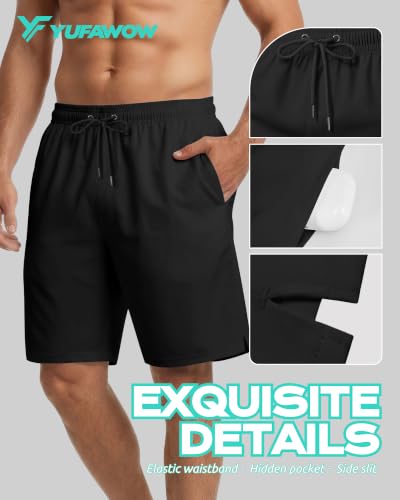 Yufawow 9 Inch Men Swim Trunks with Mesh Lining - Quick Dry, Breathable Pockets, Solid Black XXL