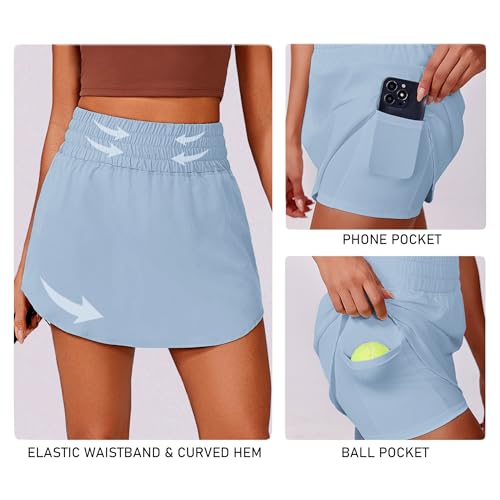 PINSPARK 16" Golf Skirt Skort for Women High Waist with 2 Pockets - Light Blue, Large