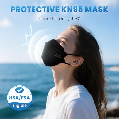 KN95 Face Masks for Adults 50 Pack, Individually Wrapped, 5-Ply Black Disposable Face Mask Against PM 2.5 Smoke & Dust, Filtration Efficiency 95%