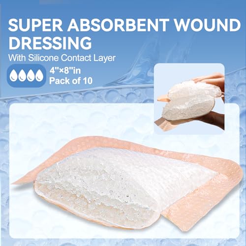 Niceful 4x8 Inch Silicone Super Absorbent Wound Dressing - Self-Adhesive, Large Bandages for Heavy Exudate, Bed Sores & Surgical Incisions