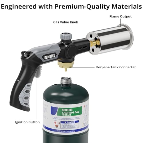 Sondiko Powerful Grill & Cooking Propane Torch L8010, Sous Vide, Campfire Starter, Adjustable Wood Torch Burner for Searing Steak, BBQ, Welding(Black, Grey) Propane Tank Not Included