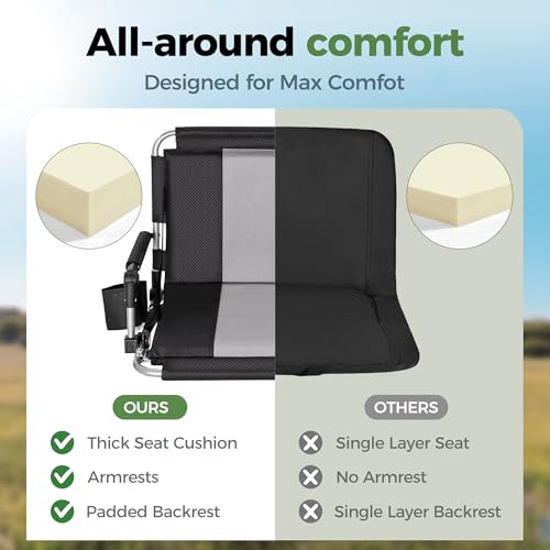 Portable Stadium Seat with Back Support & Cup Holder - Black Grey