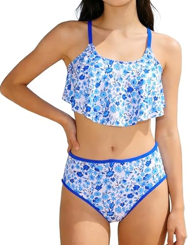 Girls 2 Piece V-Neck Cutout Swimsuit - High Waisted Bottom, 7-8 Years / White Flower