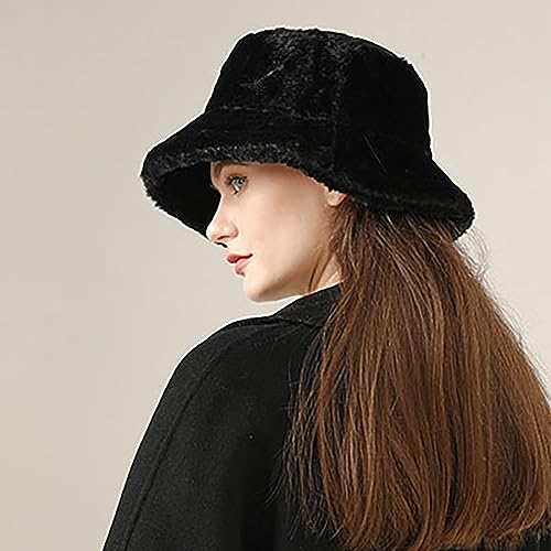 Women's Black Faux Fur Bucket Hat - Warm Winter Fisherman Cap