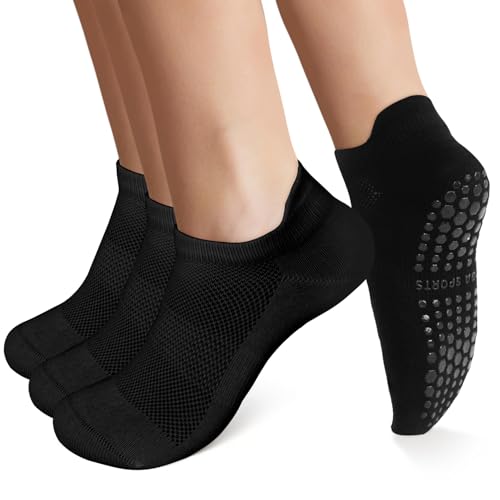 Non-Slip Pilates Grip Socks for Women - Ankle Yoga Socks - 3 Pairs Black