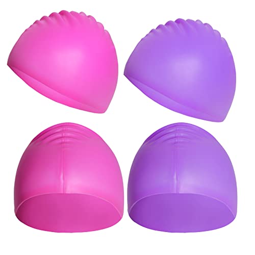 Kids Silicone Swim Cap - 2 Pack Waterproof Bath Caps for Ages 3-15 - Rose Red & Purple