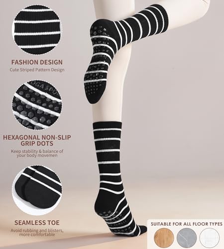Pilates Socks with Grips for Women - 4 Pairs Non-Slip Yoga Crew - Black