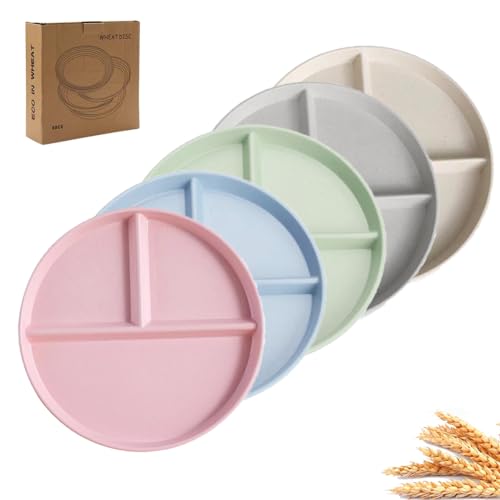 Divided Dinner Plates - 9 Inch, Eco-Friendly Wheat Straw, 5 Colors