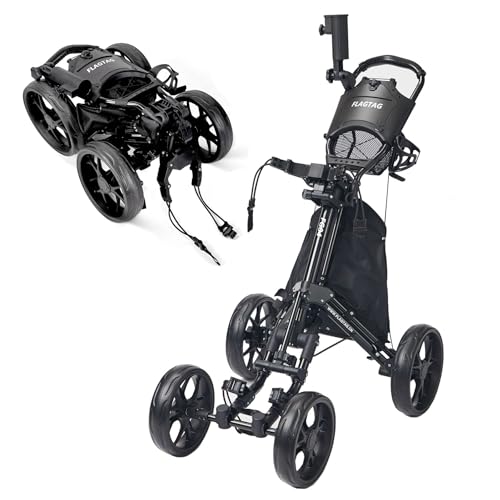 Golf Push Cart 4-Wheel Folding Trolley with Cup Holder & Cooler Bag - Black