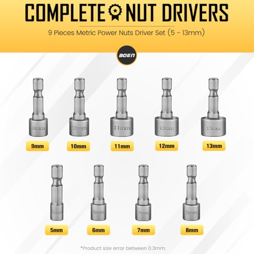 BOEN 9-Piece Power Nuts Driver Set, Metric Hex Shank (5-13mm), Impact Driver Bit Set, 1/4" Quick Change, Chrome Vanadium Steel