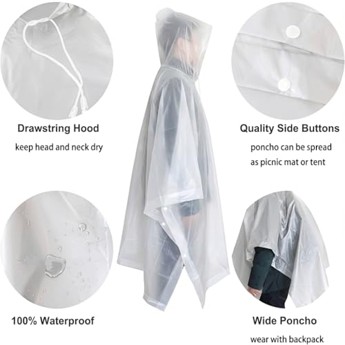 Reusable Rain Ponchos for Adults - 2 Pcs Emergency Coats with Hood - White