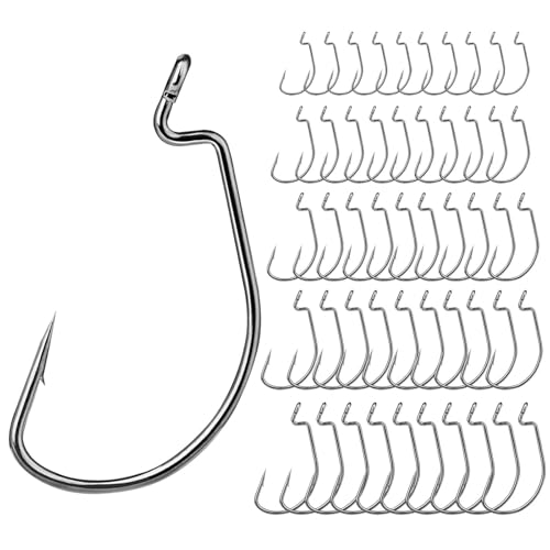 EWG Fishing Hooks Set - 50Pcs Wide Gap Offset Worm Hooks 1-4/0