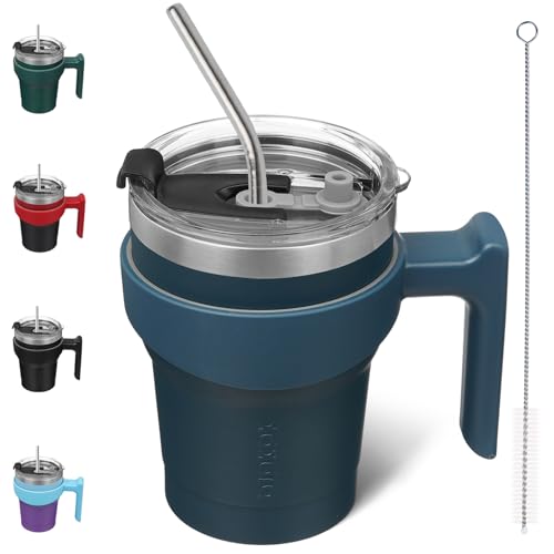 BJPKPK 10 oz Navy Blue Insulated Stainless Steel Tumbler with Handle, Lid & Straw