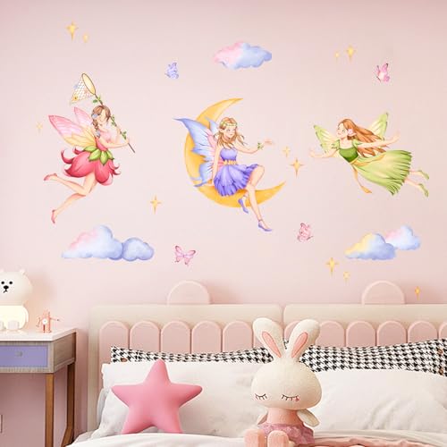Tanlaby Fairy Wall Decals Elf Moon Clouds Wall Stickers Peel and Stick Art Decor for Girls Bedroom Baby Nursery Kids Toddler Playroom
