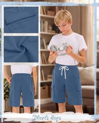 Halfchet Boys Cargo Shorts 4-Pack for Ages 5-14 with Variations in Blue Gray Black