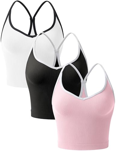 OLCHEE Women's 3-Pack Seamless Ribbed Crop Tank Tops with Contrast Trim - Black, White, Light Pink - Workout Yoga Cami