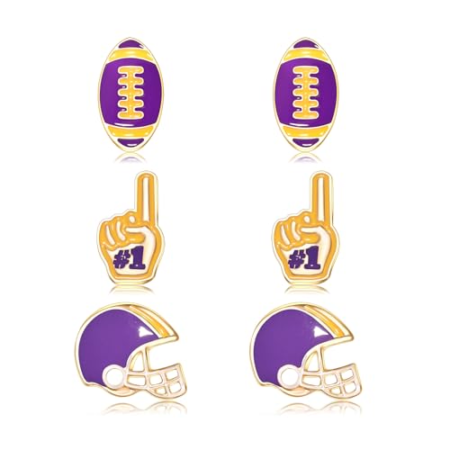 FAERLIIRY Football Earrings for Women Game Day Jewelry Team Support Purple Yellow 3 Pairs