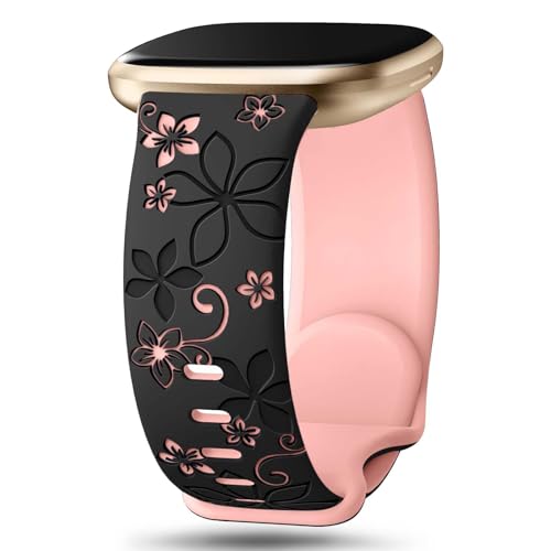 Two-Tone Floral Engraved Silicone Band for Fitbit Versa 3/4/Sense 2 - Black/Pink