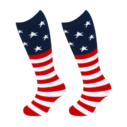 Kids Soccer Socks with Stripes - Toddler Knee High - American Flag, 6-9 Years