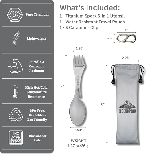 LegendPeak 5-in-1 Titanium Spork Camping Utensil - Single Pack, Ultralight & Durable